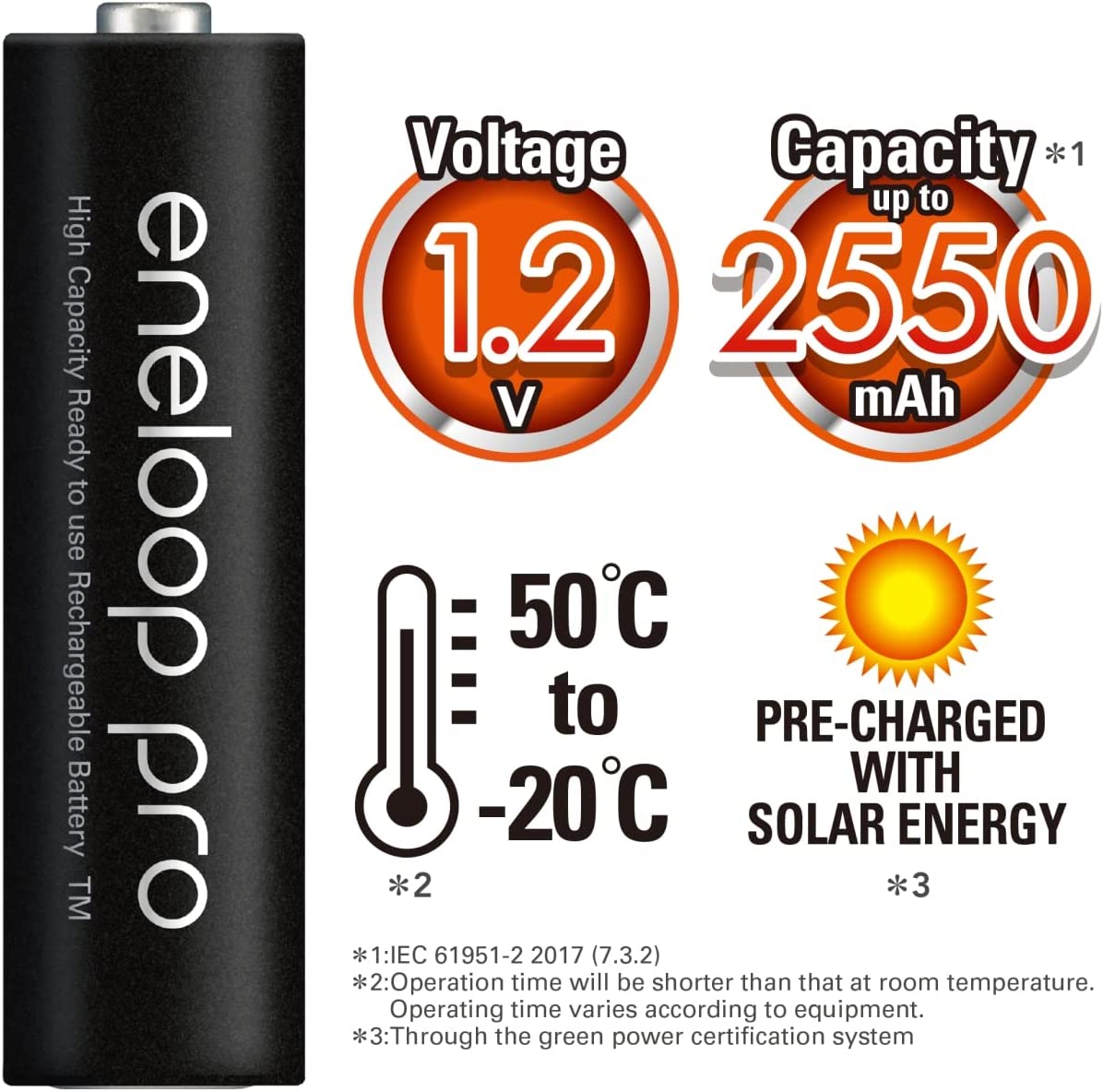 ถ่านชาร์จ AA eneloop pro 1.2V 2550mAh -20°C - 50°C