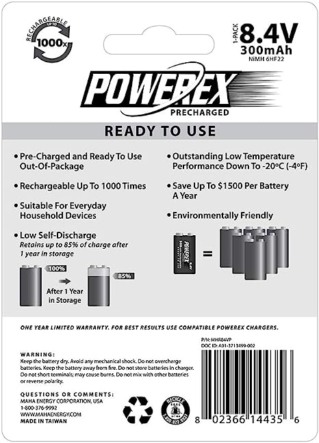 Powerex ถ่านชาร์จขนาด 9V (8.4v) ขนาด 300mAh